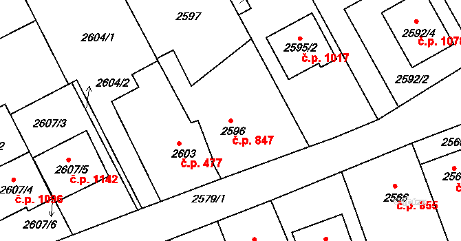 Rohatec 847 na parcele st. 2596 v KÚ Rohatec, Katastrální mapa