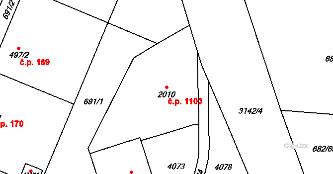 Kyjov 1103 na parcele st. 2010 v KÚ Kyjov, Katastrální mapa
