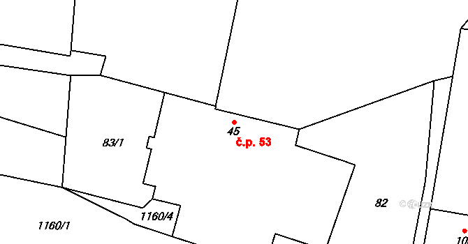 Děbolín 53, Jindřichův Hradec na parcele st. 45 v KÚ Děbolín, Katastrální mapa