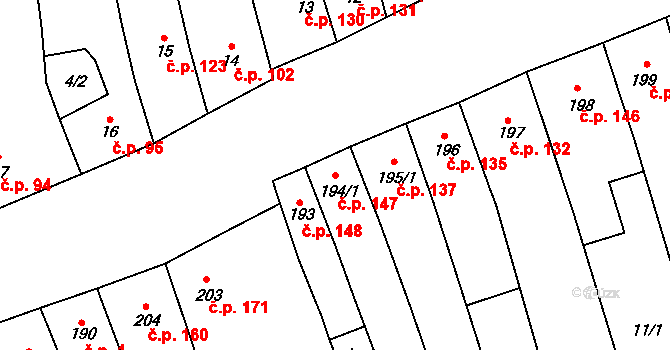 Cerhovice 147 na parcele st. 194/1 v KÚ Cerhovice, Katastrální mapa