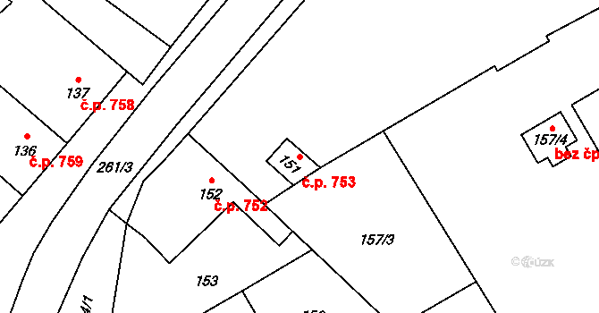 Březce 753, Štěpánov na parcele st. 151 v KÚ Březce, Katastrální mapa
