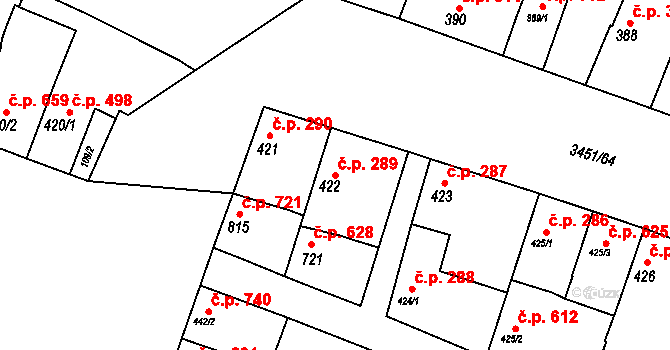 Lysá nad Labem 289 na parcele st. 422 v KÚ Lysá nad Labem, Katastrální mapa
