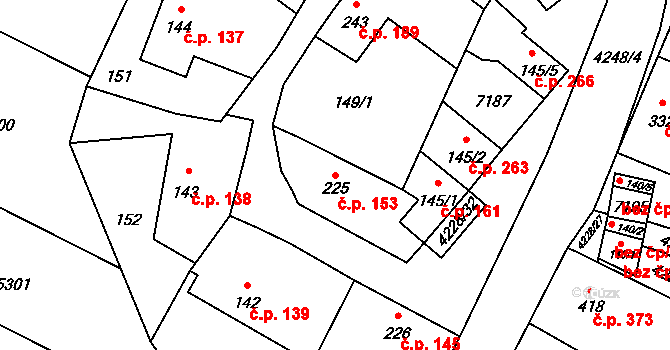 Mohelno 153 na parcele st. 225 v KÚ Mohelno, Katastrální mapa