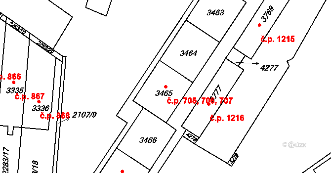 Komín 705,706,707, Brno na parcele st. 3463 v KÚ Komín, Katastrální mapa