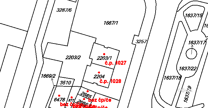 Cheb 1027 na parcele st. 2203/1 v KÚ Cheb, Katastrální mapa
