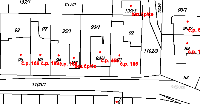 Čimice 455, Praha na parcele st. 93/2 v KÚ Čimice, Katastrální mapa