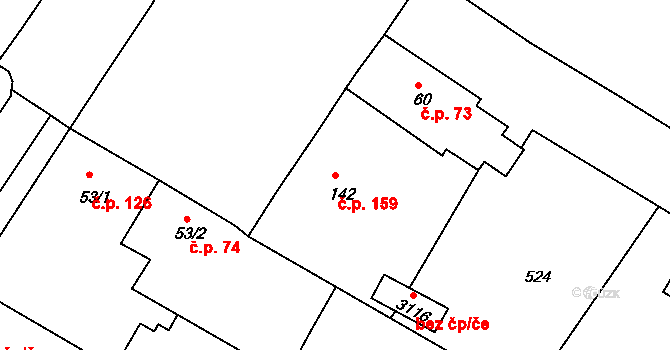 Sezimovo Ústí 159 na parcele st. 142 v KÚ Sezimovo Ústí, Katastrální mapa