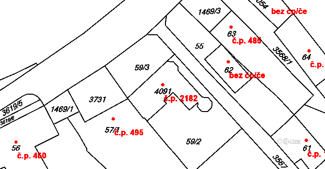 Rožnov pod Radhoštěm 2182 na parcele st. 4091 v KÚ Rožnov pod Radhoštěm, Katastrální mapa