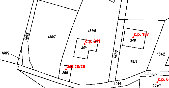 Bečváry 211 na parcele st. 349 v KÚ Bečváry, Katastrální mapa