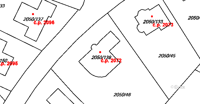 Pelhřimov 2072 na parcele st. 2050/139 v KÚ Pelhřimov, Katastrální mapa