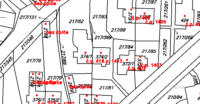 Sezimovo Ústí 1413 na parcele st. 374/2 v KÚ Sezimovo Ústí, Katastrální mapa