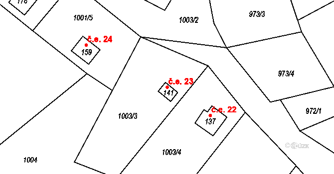Bobrůvka 23 na parcele st. 141 v KÚ Bobrůvka, Katastrální mapa