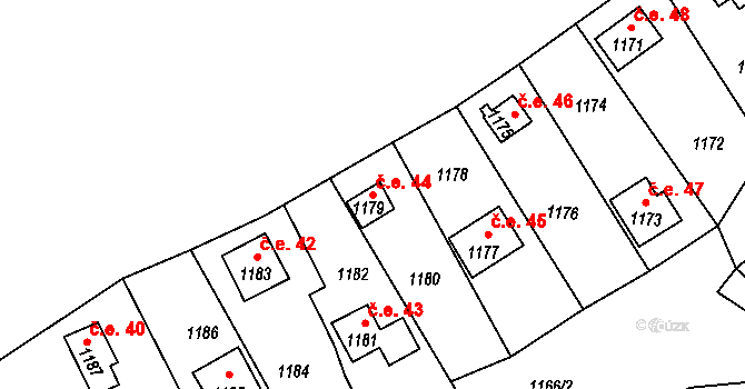 Hvozdná 44 na parcele st. 1179 v KÚ Hvozdná, Katastrální mapa