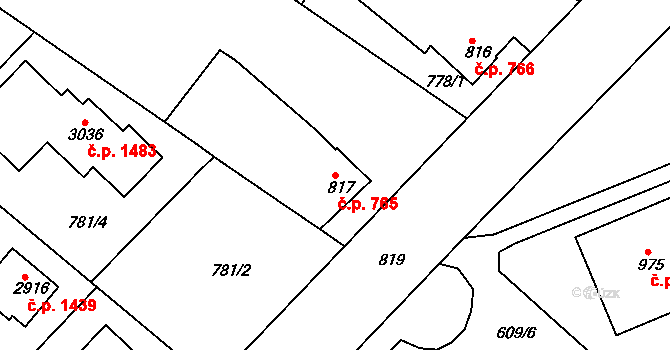 Neratovice 765 na parcele st. 817 v KÚ Neratovice, Katastrální mapa