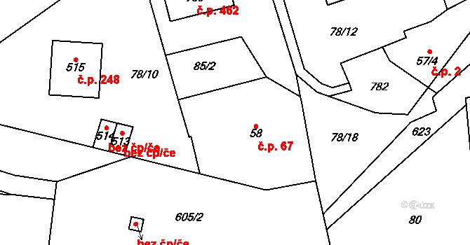 Třebotov 67 na parcele st. 58 v KÚ Třebotov, Katastrální mapa