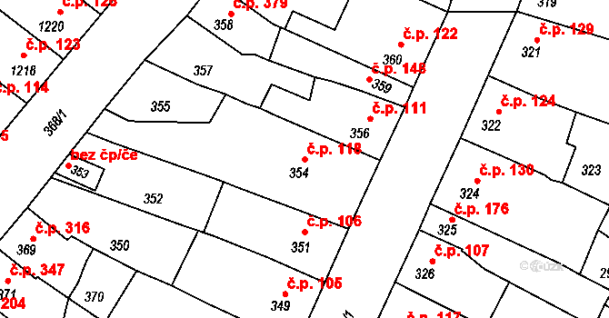 Rájec 118, Rájec-Jestřebí na parcele st. 354 v KÚ Rájec nad Svitavou, Katastrální mapa