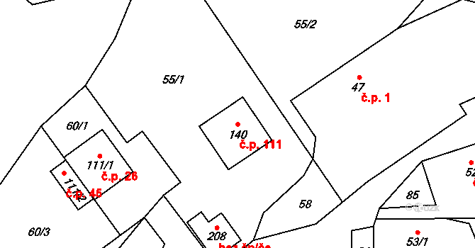 Hoštejn 111 na parcele st. 140 v KÚ Hoštejn, Katastrální mapa