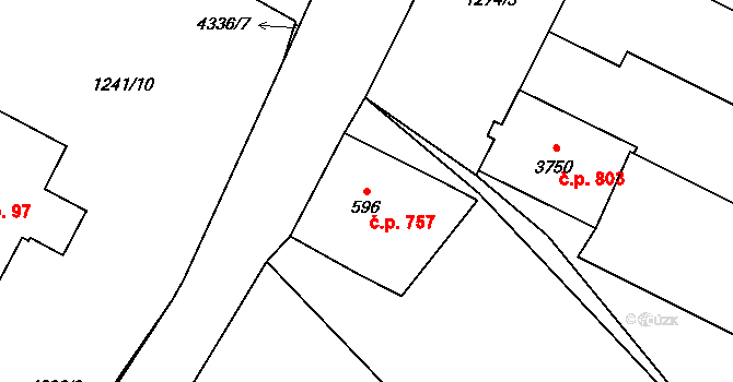 Frenštát pod Radhoštěm 757 na parcele st. 596 v KÚ Frenštát pod Radhoštěm, Katastrální mapa