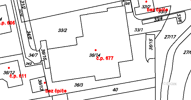 Štípa 677, Zlín na parcele st. 36/14 v KÚ Štípa, Katastrální mapa