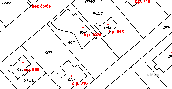 Šeberov 1024, Praha na parcele st. 906 v KÚ Šeberov, Katastrální mapa