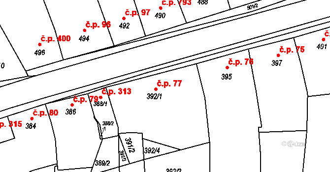 Koryčany 77 na parcele st. 392/1 v KÚ Koryčany, Katastrální mapa