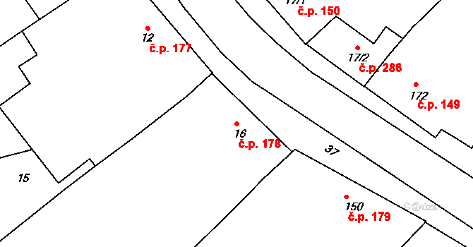 Prosenice 178 na parcele st. 16 v KÚ Proseničky, Katastrální mapa