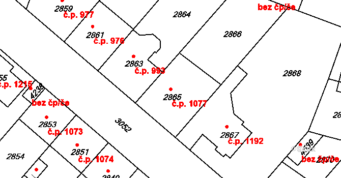 Čelákovice 1077 na parcele st. 2865 v KÚ Čelákovice, Katastrální mapa