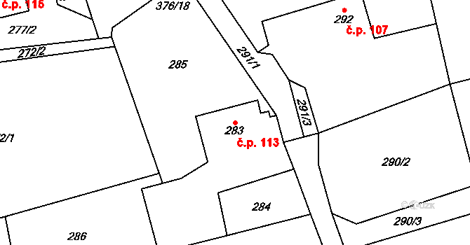 Staříč 113 na parcele st. 283 v KÚ Staříč, Katastrální mapa