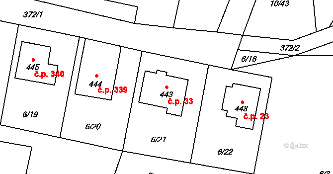 Vodochody 33, Straškov-Vodochody na parcele st. 443 v KÚ Vodochody, Katastrální mapa