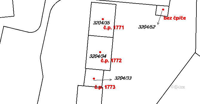 Roudnice nad Labem 1772 na parcele st. 3204/34 v KÚ Roudnice nad Labem, Katastrální mapa