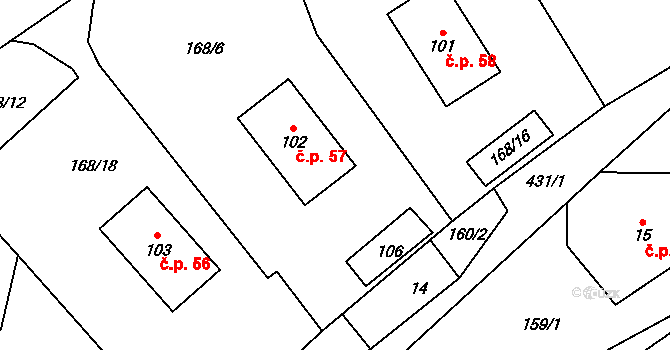 Litice nad Orlicí 57, Záchlumí na parcele st. 102 v KÚ Litice nad Orlicí, Katastrální mapa