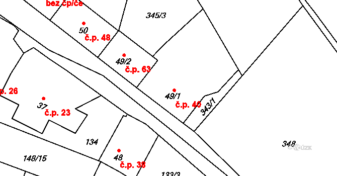 Pocoucov 40, Třebíč na parcele st. 49/1 v KÚ Pocoucov, Katastrální mapa