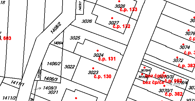 Jundrov 131, Brno na parcele st. 3024 v KÚ Jundrov, Katastrální mapa