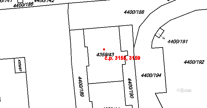 Modřany 3158,3159, Praha na parcele st. 4359/43 v KÚ Modřany, Katastrální mapa