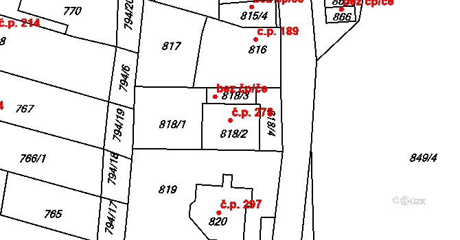 Prštice 278 na parcele st. 818/2 v KÚ Prštice, Katastrální mapa