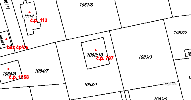 Hrabová 787, Ostrava na parcele st. 1083/10 v KÚ Hrabová, Katastrální mapa