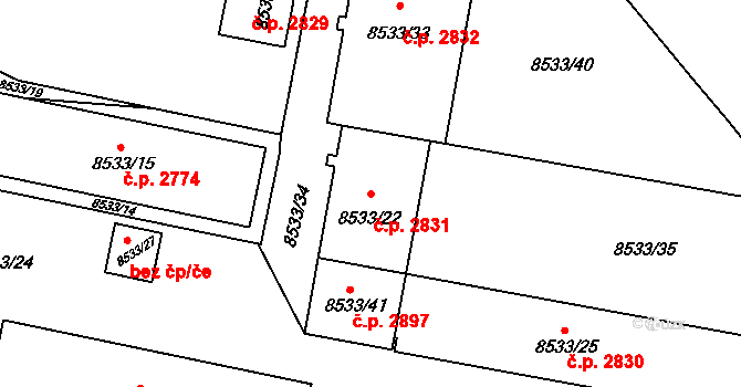 Jižní Předměstí 2831, Plzeň na parcele st. 8533/22 v KÚ Plzeň, Katastrální mapa