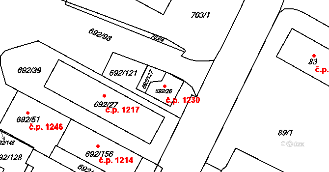 Šumbark 1230, Havířov na parcele st. 692/26 v KÚ Šumbark, Katastrální mapa