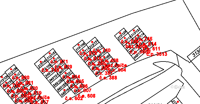 Vyškov-Předměstí 408, Vyškov na parcele st. 340/165 v KÚ Vyškov, Katastrální mapa