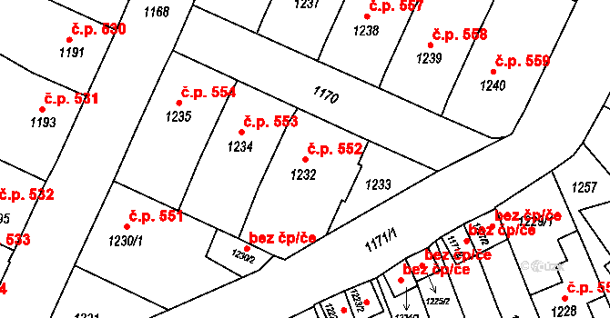 Bruntál 552 na parcele st. 1232 v KÚ Bruntál-město, Katastrální mapa