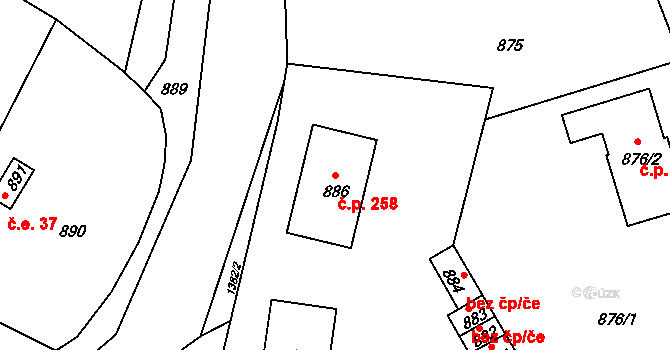 Divišov 258 na parcele st. 886 v KÚ Divišov u Benešova, Katastrální mapa