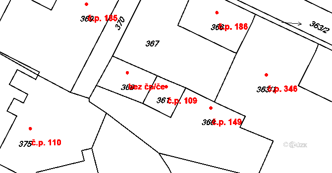 Hustopeče nad Bečvou 109 na parcele st. 361 v KÚ Hustopeče nad Bečvou, Katastrální mapa