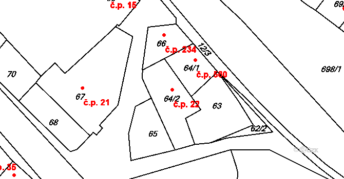 Měřín 22 na parcele st. 64/2 v KÚ Měřín, Katastrální mapa