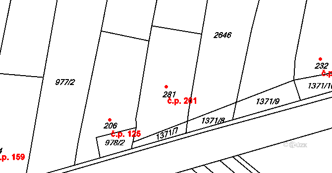 Rudice 201 na parcele st. 281 v KÚ Rudice, Katastrální mapa