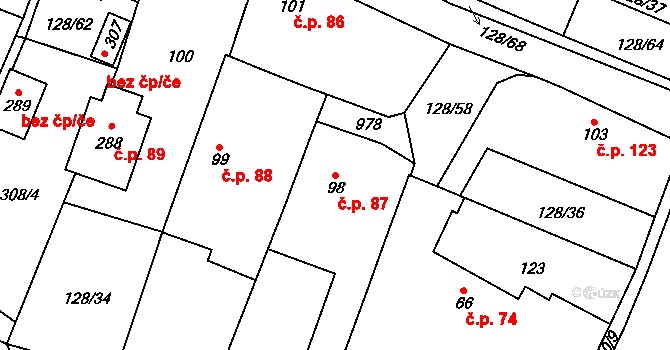 Tuněchody 87 na parcele st. 98 v KÚ Tuněchody, Katastrální mapa