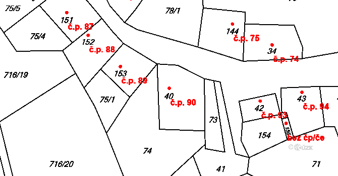 Mouchnice 90 na parcele st. 40 v KÚ Mouchnice, Katastrální mapa