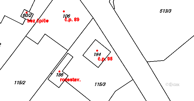 Choteč 95 na parcele st. 184 v KÚ Choteč u Holic, Katastrální mapa