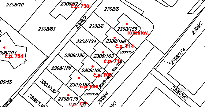 Obřany 711, Brno na parcele st. 2308/163 v KÚ Obřany, Katastrální mapa