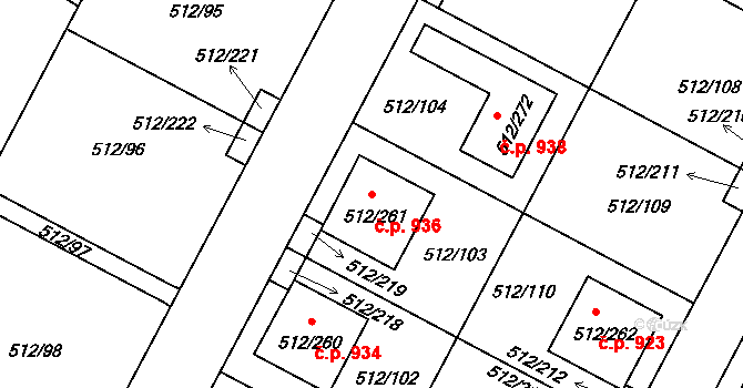 Srubec 936 na parcele st. 512/261 v KÚ Srubec, Katastrální mapa