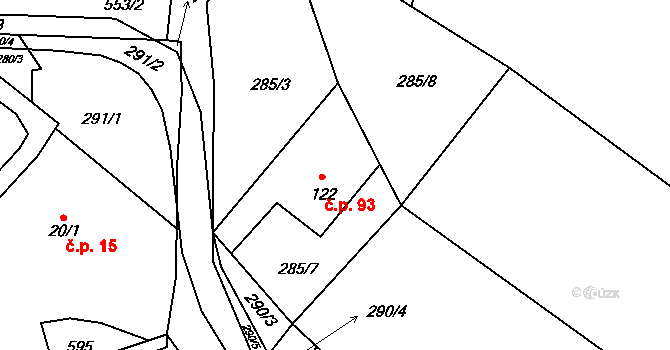 Lubina 93, Kopřivnice na parcele st. 122 v KÚ Drnholec nad Lubinou, Katastrální mapa